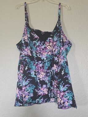 Floral Sleeveless V-Neck Cami Top - Black with Purple & Teal Floral
